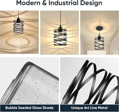 Pendant Lights 3 Pack Kitchen Lights with Bubble Seeded Glass Island Lights Black Hanging Light for Kitchen, Dining Room, Bathroom, Entryway, Restaurant
