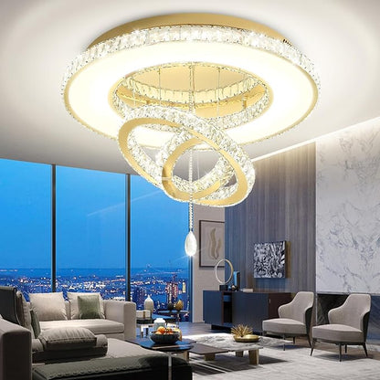 Flashing God Dia 32'' Modern Crystal Chandeliers for Living Room Crystal Flush Mount Ceiling Chandelier Large Chandeliers for Dining Room Bedroom Gold LED Dimmable 3000-6000K