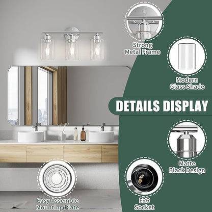 Bathroom Vanity Light Fixtures Polished Chrome Bathroom Lighting Fixture, 3 Lights Bathroom Light Fixture Over Mirror, Modern Black Vanity Light, Wall Sconces with Glass Shades