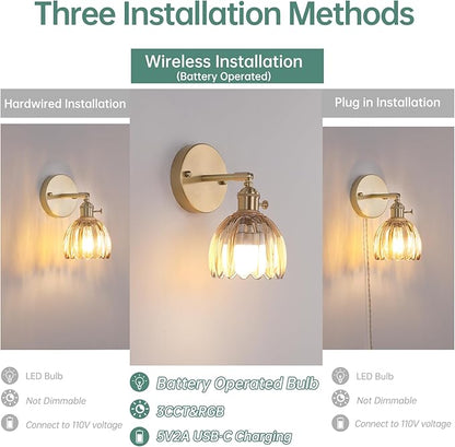 Shenmoyl Vintage Battery Operated Wall Sconce with Amber Tulip Glass Lampshade Rechargeable Battery Powered Wall Light with Remote Control for Bedside Bedroom Doorway