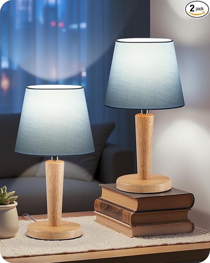 12" Wood Bedside Table Lamps Set of 2, Small Desk Lamps for Small Places, 3 Color Temperatures with Memory, Blue Linen Shade & E26 Bulbs, for Bedroom Living Room Office MU13TLP205
