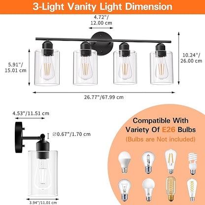 4 Light Bathroom Vanity Light Fixtures Black,Rustic Farmhouse Vanity Lighting Over Mirror Modern Industrial Lamp with Cylinder Glass Shade UL Certified