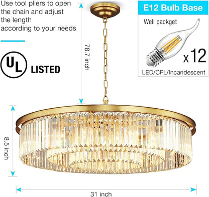 Crystal Chandelier Modern Luxury Pendant Gold Copper Ceiling Lights Fixture for Dining Living Room 12-Lights 3-Tier Raindrop Chandeliers Lighting (Copper, Dia 31 Inch)