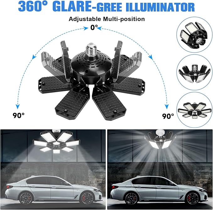 Aoretic LED Garage Lights Bulb 2 Pack 180W 18000LM 6500K Led Shop Light with 7 Plus 1 Deformable Panels Basement Barn Ceiling Lights for E26/E27