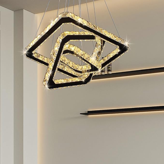 Modern Crystal Chandelier LED Ceiling Light, Square 3-Ring Height Adjustable 47W K9 Crystal Pendant for Dining Room, Living Room, Bedroom, Foyer, Warm White 3000K