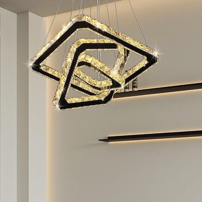 Modern Crystal Chandelier LED Ceiling Light, Square 3-Ring Height Adjustable 47W K9 Crystal Pendant for Dining Room, Living Room, Bedroom, Foyer, Warm White 3000K
