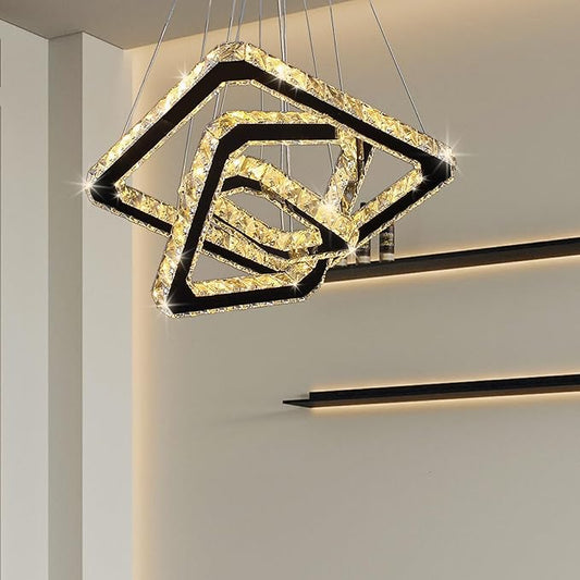 Modern Crystal Chandelier LED Ceiling Light, Square 3-Ring Height Adjustable 47W K9 Crystal Pendant for Dining Room, Living Room, Bedroom, Foyer, Warm White 3000K