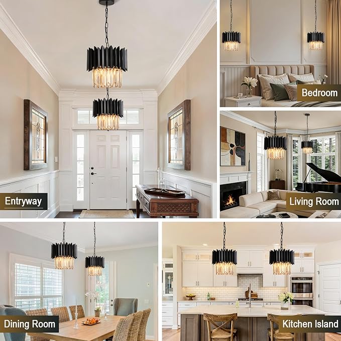 Black Crystal Chandelier 12 Inch K9 Crystal Pendant Light Fixture 3-Light Semi Flush Mount Ceiling Light for Kitchen Island Dining Room Bedroom Foyer Entryway Hallway