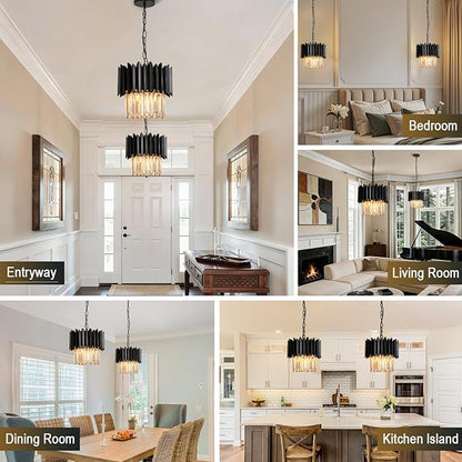 Black Crystal Chandelier 12 Inch K9 Crystal Pendant Light Fixture 3-Light Semi Flush Mount Ceiling Light for Kitchen Island Dining Room Bedroom Foyer Entryway Hallway