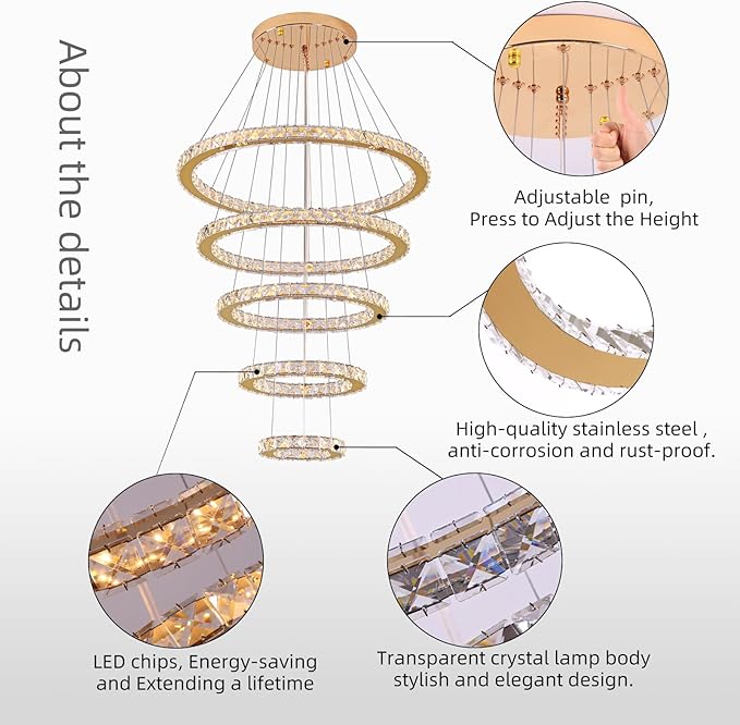 Modern Crystal Chandelier Dimmable 5 Rings LED Gold Chandelier Linear Chandelier Dining Room Light Fixture with Remote for Entryway, Bedroom,Living Room and Foyer