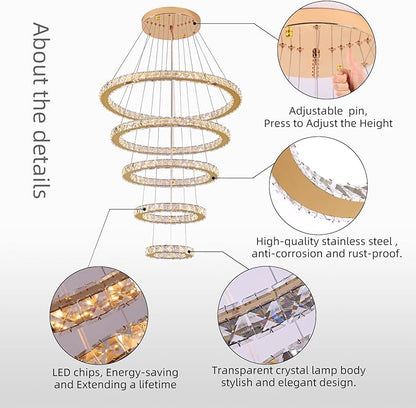 Modern Crystal Chandelier Dimmable 5 Rings LED Gold Chandelier Linear Chandelier Dining Room Light Fixture with Remote for Entryway, Bedroom,Living Room and Foyer
