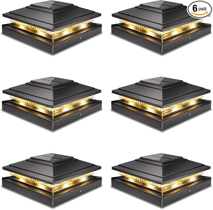 Post Caps Lights Outdoor 6pack, Waterproof Fence Post Solar Lights for 4x4 5x5 6x6 Wood/Vinyl Posts, Black Solar Deck Post Lights with 2 Color Modes Decorate Garden Patio Porch Backyard