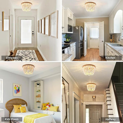 Capslpad Wood Beaded Flush Mount Ceiling Light Antique Rustic Mini Chandelier 3-Light White Boho Light Fixture for Dining Room,Nursery Room,Bedroom,Girl Room,Hallway,Entryway,Passway