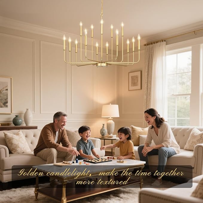 Gold Chandeliers for Dining Room Light Fixture Over Table, Modern Farmhouse Chandeliers for Living Room,15-Lights Industrial Metal Candle Lighting Fixtures for Entryway Kitchen Island Foyer