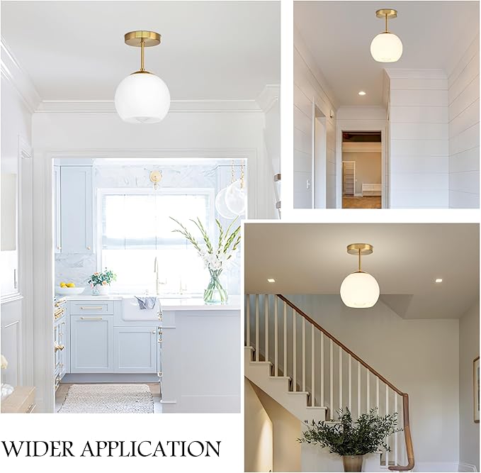 Bagood Gold Semi Flush Mount Ceiling Light Fixture Milk Glass Light Fixture Mid Century Flush Mount Ceiling Lights Brass Flush Mount Ceiling Schoolhouse Lights for Dining Room(Bulb Incl.)