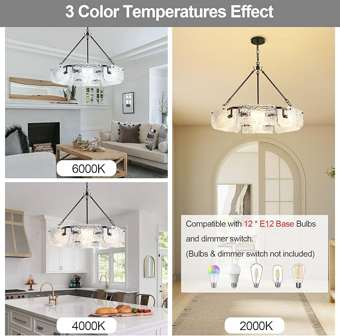 26.5" Black Glass Chandeliers for Dining Room,12-Light Large Modern Textured Glass Drum Chandelier, Crystal Round Hanging Light Fixture Over Table for Living Room Hallway Bedroom Kitchen,E12