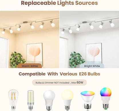 6-Light Decorative Track Lighting Kit, Brushed Steel Finish Flush Mount Ceiling Light Fixture with Frosted Glass Shades, Foldable Z-Bar, E26 Adjustable Heads Provide Directional Light