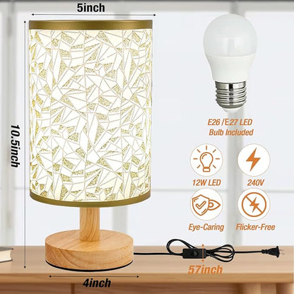 Desk Lamp LED Bulb Included, Small Bedside Table Lamp Plug-in - Classic Wood Base with Flaxen Fabric Shade, Lamps for Night Stands, Simple Nightstand Light for Bedroom, Office, Desk