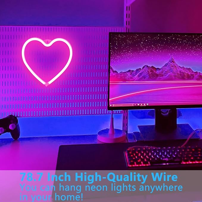 Pink Heart Neon Sign for Bedroom Decoration, Heart Led Light Sign 8.7×8.7 In Battery/USB Powered Romantic Love Hearts Neon Light for Wall Decor Art Kids Girl Room Wedding Party Valentine's Day Prsent