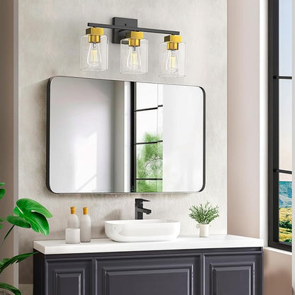 Black and Brushed Gold Bathroom Vanity Light, 3-Light Vanity Lighting fixtures Over Mirror, Square Design & UL Certification, Wall Sconces with Clear Glass Shades, E26 Socket (Bulbs Not Included)