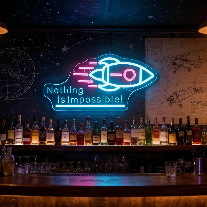 "Nothing Is Impossible!" Rocket Neon Light for Gaming Room Office – Motivational LED Wall Art, Dimmable USB Space-Themed Decor for Study Gym, Inspiring Gift for Gamers Teens Entrepreneurs