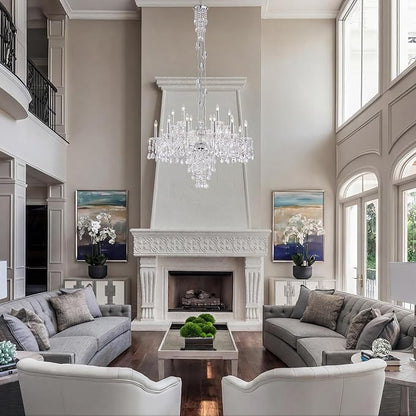 18-Light Crystal Candle Chandelier, Chrome Chandelier for Foyer, Staircase & High Ceiling Living Room, Adjustable Height, E12 Base