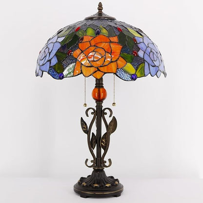 Tiffany Table Lamp Yellow Red Rose Flower Stained Glass Desk Reading Light 16X16X24 Inch Metal Leaf Base for Bedroom Living Room Home Office