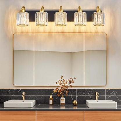 Black Gold Crystal Vanity Light Over Mirror 5 Lights Bathroom Wall Lighting Fixture with Round Shade (Exclude Bulb)