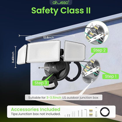 ALUSSO Motion Sensor Outdoor Lights Hardwired(Not Solar),Flood Lights Outdoor 120V, Dusk to Dawn/Auto/On Time, 3CCT 3000K/4000K/6500K Security Light,ETL,3 Modes Metal Black 60W 6000LM