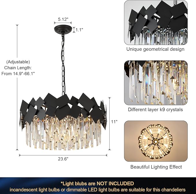 A AXILIXI Modern Crystal Drum Chandeliers 24" Black Round Chandelier Luxury K9 Crystal Chandeliers Light Fixture Flush Mount Chandelier Contemporary for Living Room Dining Room Foyer Staircase