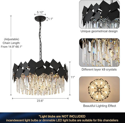 A AXILIXI Modern Crystal Drum Chandeliers 24" Black Round Chandelier Luxury K9 Crystal Chandeliers Light Fixture Flush Mount Chandelier Contemporary for Living Room Dining Room Foyer Staircase