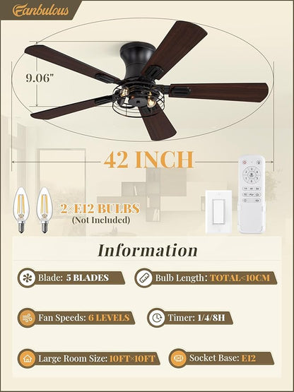 2 Pack Flush Mount 42 Inch Farmhouse Ceiling Fan with Light, Caged Ceiling Fans for Bedroom Living Room, Double-Sided 5 Blades Rustic Ceiling Fan-Black