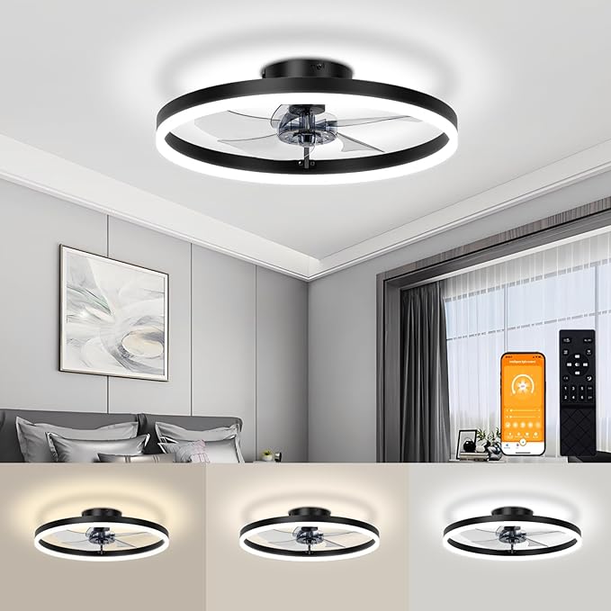 VOLISUN Low Profile Ceiling Fan with Lights and Remote, 15.7in Bladeless Ceiling Fans with Light Flush Mount, 3000K-6500K Dimmable Modern LED Fan Light, Black Fandelier Ceiling Fans for Bedroom
