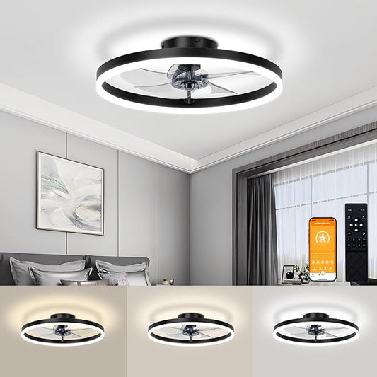 VOLISUN Low Profile Ceiling Fan with Lights and Remote, 15.7in Bladeless Ceiling Fans with Light Flush Mount, 3000K-6500K Dimmable Modern LED Fan Light, Black Fandelier Ceiling Fans for Bedroom