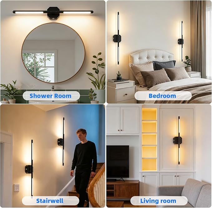 Rechargeable Wall Sconce Set of 2, 35Hrs+ Battery Operated Wall Lights, Wireless Wall Sconce with Remote, 360° Rotatable, Dimmable 3 Color LED Cordless Wall Sconce for Bedroom, Living Room, 27inBlack