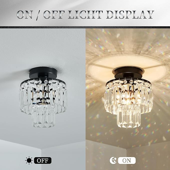 Mini Crystal Chandelier,Black Crystal Chandeliers,2-Tier Semi Flush Mount Chandelier Pendant Lighting Fixture for Living Room Dining Room Corridors Bedroom Hallway E26 Base