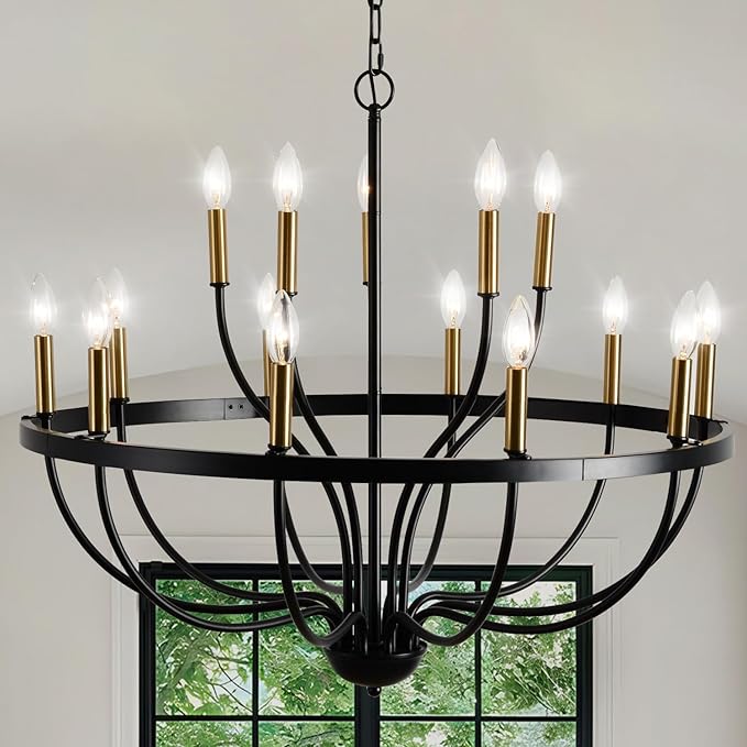 Modern Farmhouse Chandelier for Dining Room 15 Lights, Industrial Black and Gold Lighting Fixture, Candle Pendant Light for Kitchen Island High Ceilings Living Room Hallway Entryway Foyer