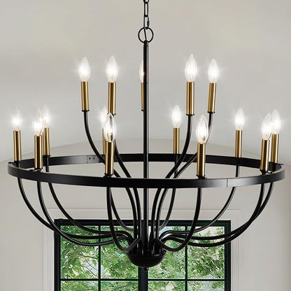 Modern Farmhouse Chandelier for Dining Room 15 Lights, Industrial Black and Gold Lighting Fixture, Candle Pendant Light for Kitchen Island High Ceilings Living Room Hallway Entryway Foyer