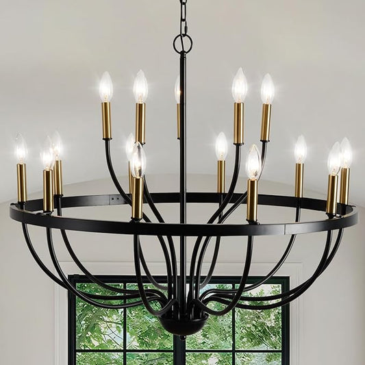 Modern Farmhouse Chandelier for Dining Room 15 Lights, Industrial Black and Gold Lighting Fixture, Candle Pendant Light for Kitchen Island High Ceilings Living Room Hallway Entryway Foyer