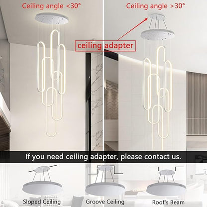 6 Rings Modern Chandelier LED Dimmable Pendant Lighting High Ceiling Chandelier for Entrance Foyer Lobby Staircaes Sliver 118''