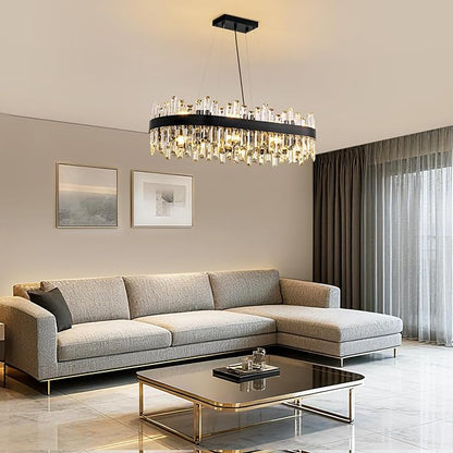 Modern Black Crystal Chandelier, 16-Light Rectangular 2-Tiers K9 Crystal Raindrop Chandelier, Luxury Flush Mount Hanging Ceiling Light for Dining Room Living Room Kitchen Island L35.4''