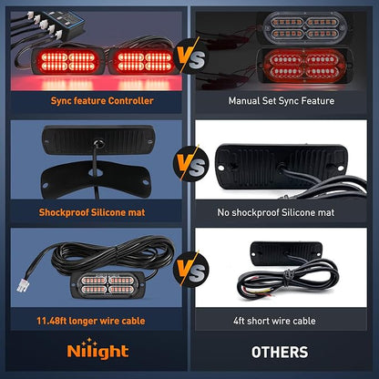 Nilight 4PCS LED Strobe lights 12V 24V Sync Feature Red 24LED Emergency Hazard Warning Lights with Controller Hard Wire or Cigarette Lighter Plug for Car Truck RVs Campers