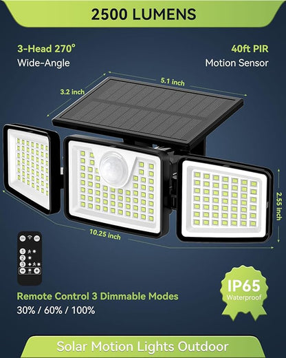 daphino 2500LM Solar Lights Outdoor with Motion Sensor,3 Head 270° Wide Angle Street Area Lights,IP65 Waterproof Security Lighting with 3 Modes(Remote,1 Pcs)