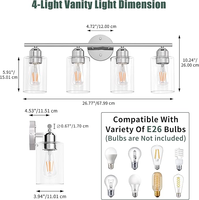 Bathroom Vanity Light Fixtures Polished Chrome,4 Lights Rustic Farmhouse Vanity Bar Lighting Over Mirror Modern Industrial Wall Sconces Lamp with Cylinder Glass Shade