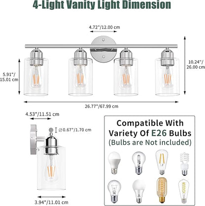 Bathroom Vanity Light Fixtures Polished Chrome,4 Lights Rustic Farmhouse Vanity Bar Lighting Over Mirror Modern Industrial Wall Sconces Lamp with Cylinder Glass Shade