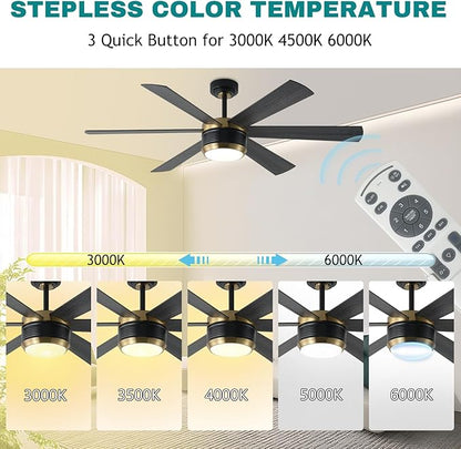 SHOWDI Ceiling Fan with Lights and Remote, 6 Blade App Control Timer Reversible Stepless Brightness and Color Temperature Outdoor Wood Ceiling Fan with Lights (Black-Gold, 56 Inch)