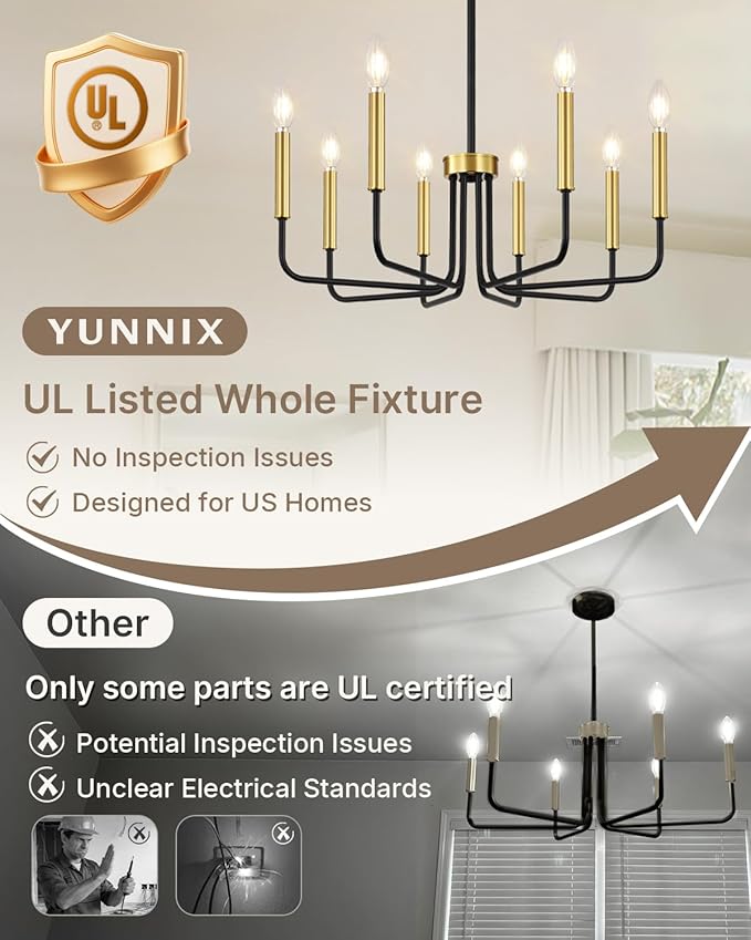 Yunnix 8 Light Black and Gold Chandeliers for Dining Room Lighting Fixtures Hanging, Modern Farmhouse Chandelier for Entryway, Foyer, Staircase, Kitchen and Living Room