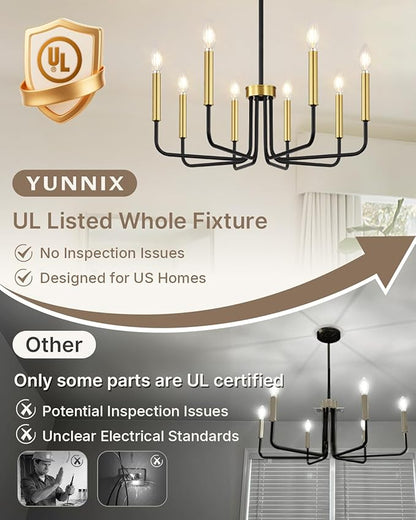 Yunnix 8 Light Black and Gold Chandeliers for Dining Room Lighting Fixtures Hanging, Modern Farmhouse Chandelier for Entryway, Foyer, Staircase, Kitchen and Living Room