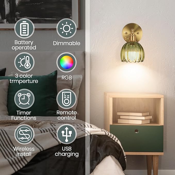 Vintage Wall Sconce Set of Two, Battery Operated Wall Sconce with Deep Green Tulip Glass Lampshade Rechargeable Wall Light with Remote Control for Bedroom,Living Room, Hallway, Aisle