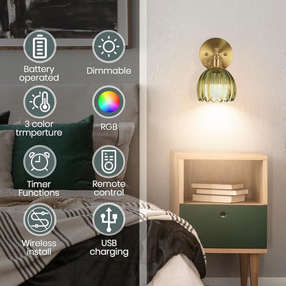 Battery Operated Wall Sconce, Vintage Wall Sconce with Deep Green Tulip Glass Lampshade Rechargeable Battery Powered Wall Light with Remote Control for Bedroom,Living Room, Hallway, Aisle